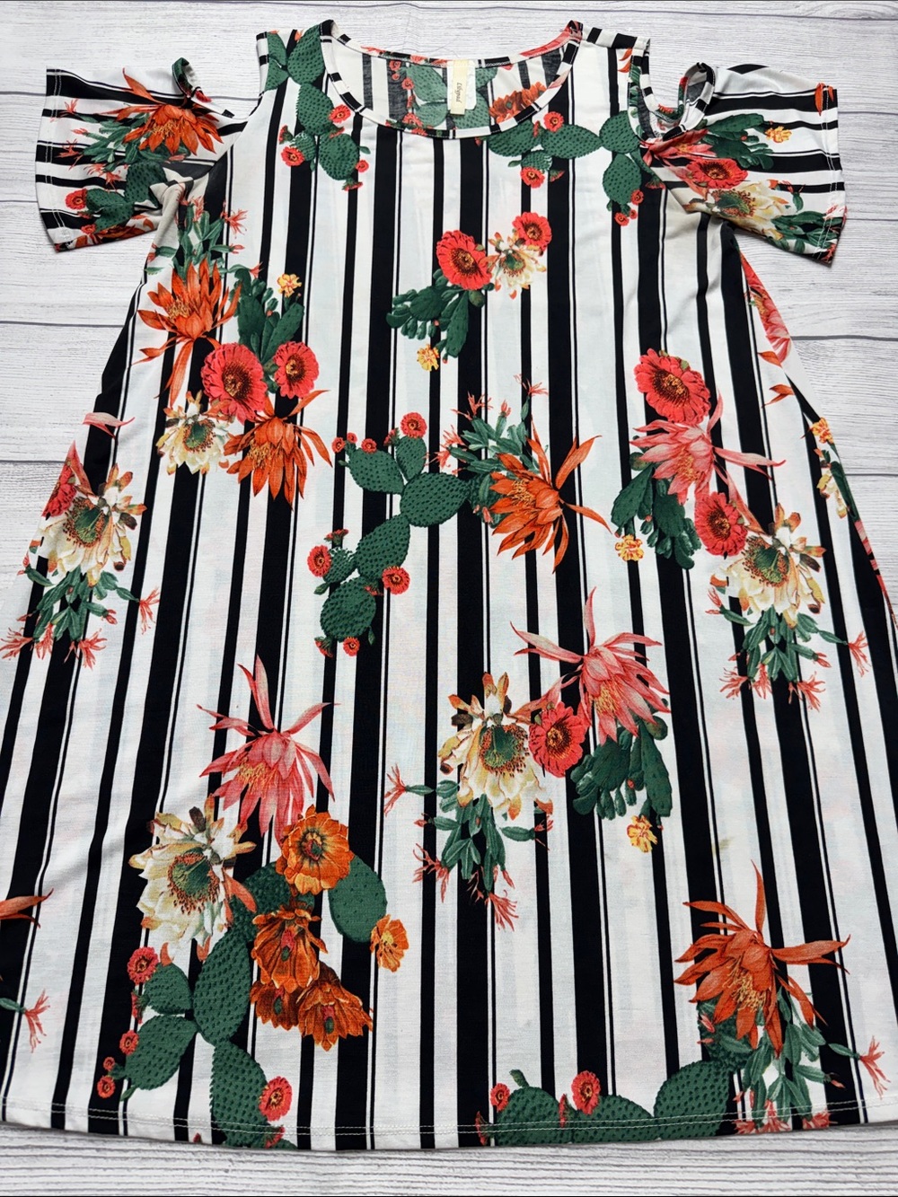 Lilypad Cold-Shoulder Dress in Black & White Stripe with Cactus & Orange Floral